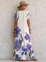 Artistic Watercolor Iris Cotton-linen Vacation Dress