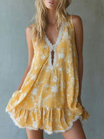 Women's Yellow Printed Silk-blend Sleeveless Mini Dress With Lace Trim And V-neck