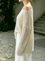 Women Beige Asymmetric Cold Shoulder Open Mesh Knit Top, Oversized Drop Shoulder Long Sleeve Hollow Out Slant Neck Loose Casual Blouse