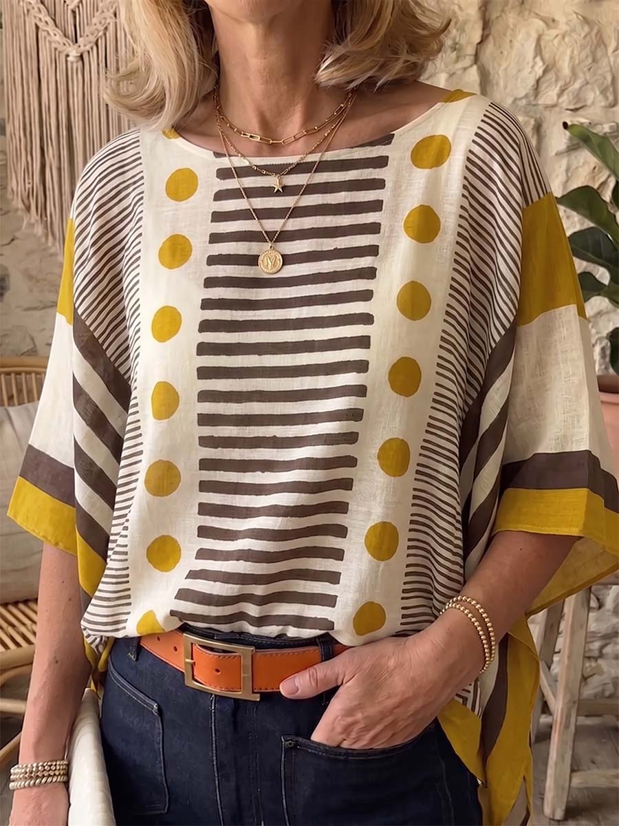 Women's Geometric Print Crew Neck 3/4 Sleeve Loose-fit Casual Cotton-linen Top