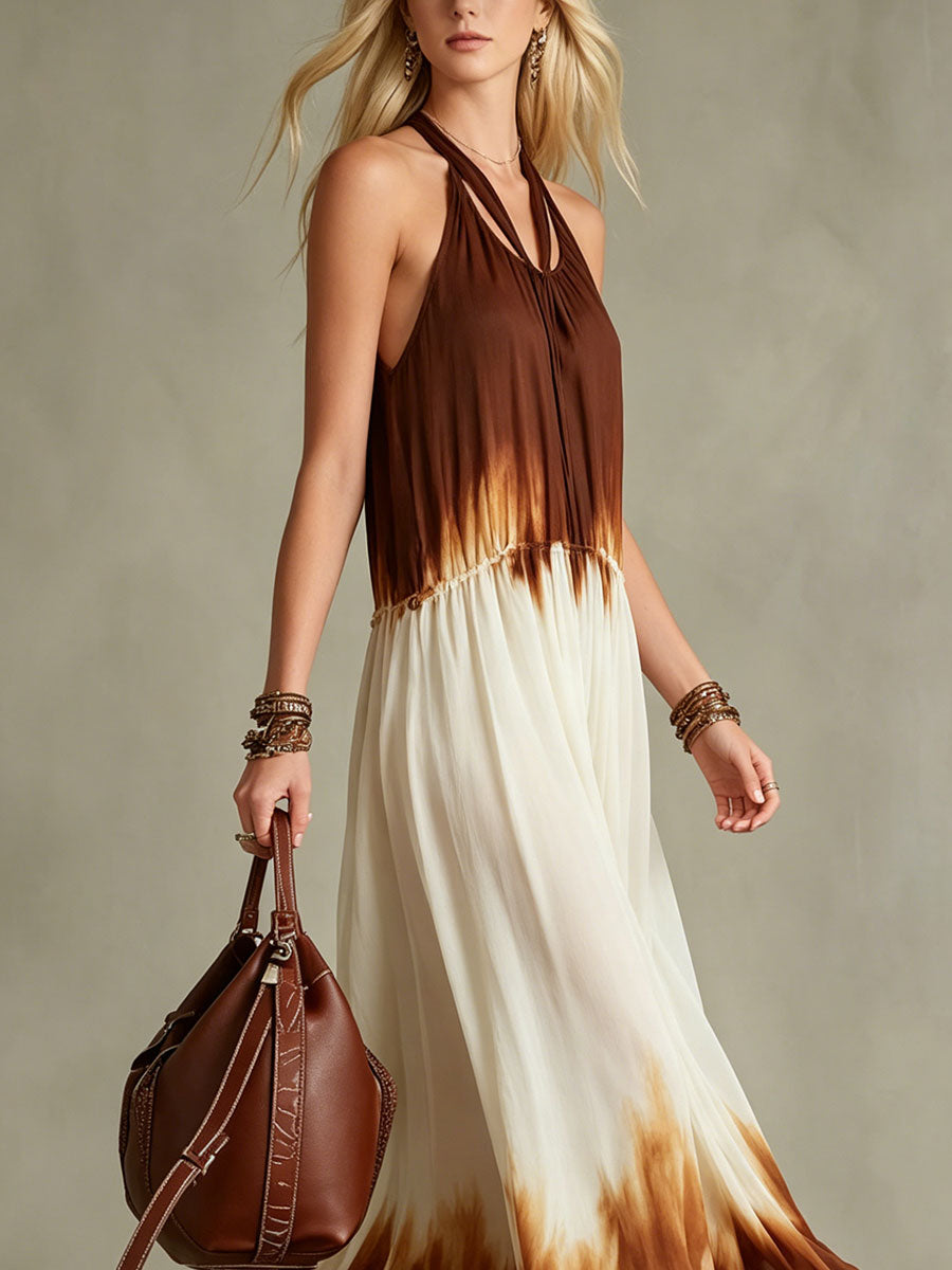 Women's Retro Color-blockOff-white Gradient Silk Sleeveless Maxi Dress