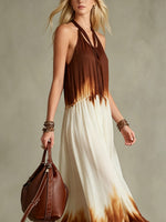 Women's Retro Color-blockOff-white Gradient Silk Sleeveless Maxi Dress