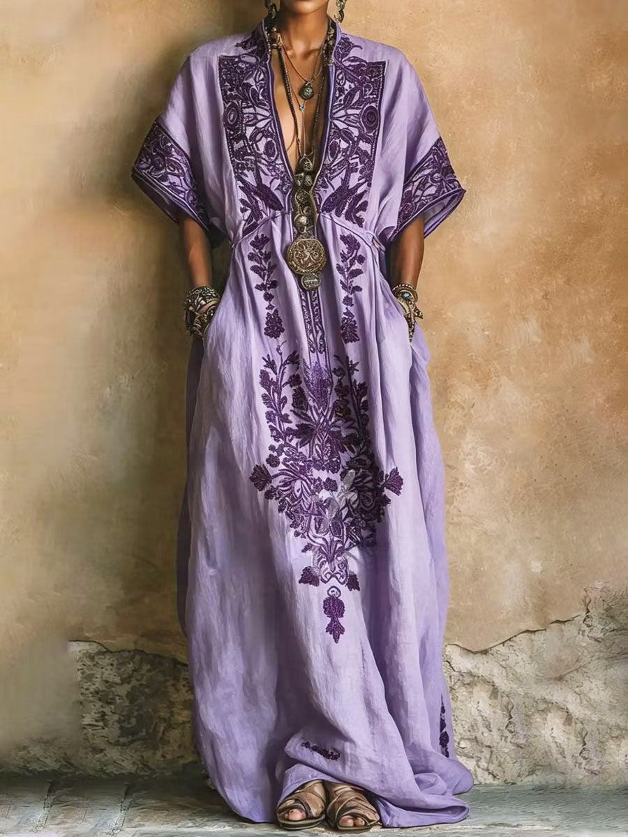 Women's Ethnic Pattern Art Print Casual Cotton Linen Maxi Dress