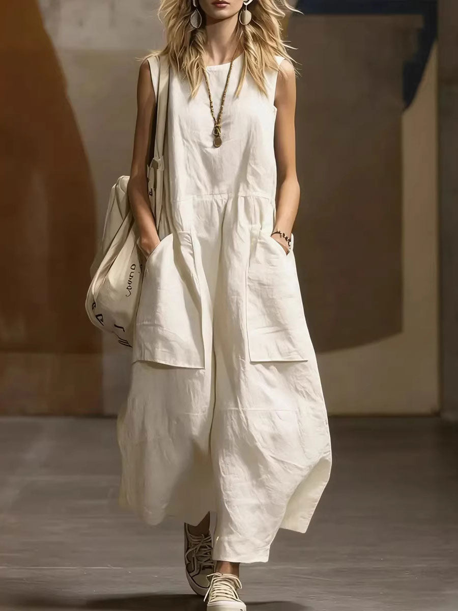 Women's Loose-fit Simple Sleeveless Cotton-linen Round Neck Dress With Pockets
