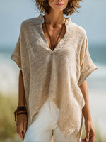 Women's Solid-color V-neck Short-sleeve Casual Loose Cotton-linen Top
