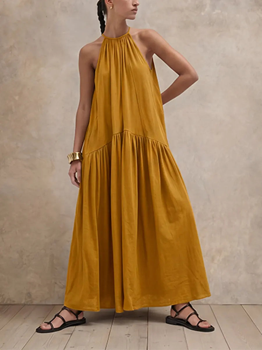 Summer Relaxed Fit HalterMaxi Dress, Oversized Linen Blend Sleeveless Swing Long Dress for Vacation Daily Wear