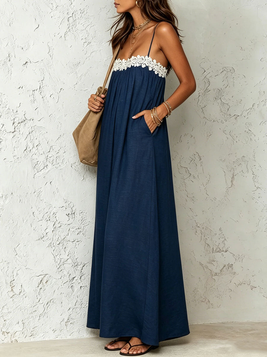 Women's Retro Lace-paneled Casual Strappy Dress