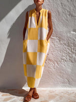 Women's Plaid-print V-neck Sleeveless Casual Loose Cotton-linen Dress
