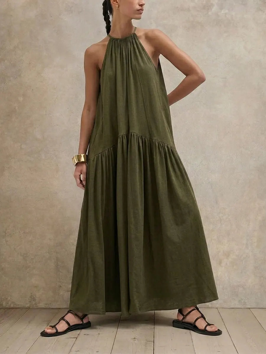 Summer Relaxed Fit HalterMaxi Dress, Oversized Linen Blend Sleeveless Swing Long Dress for Vacation Daily Wear