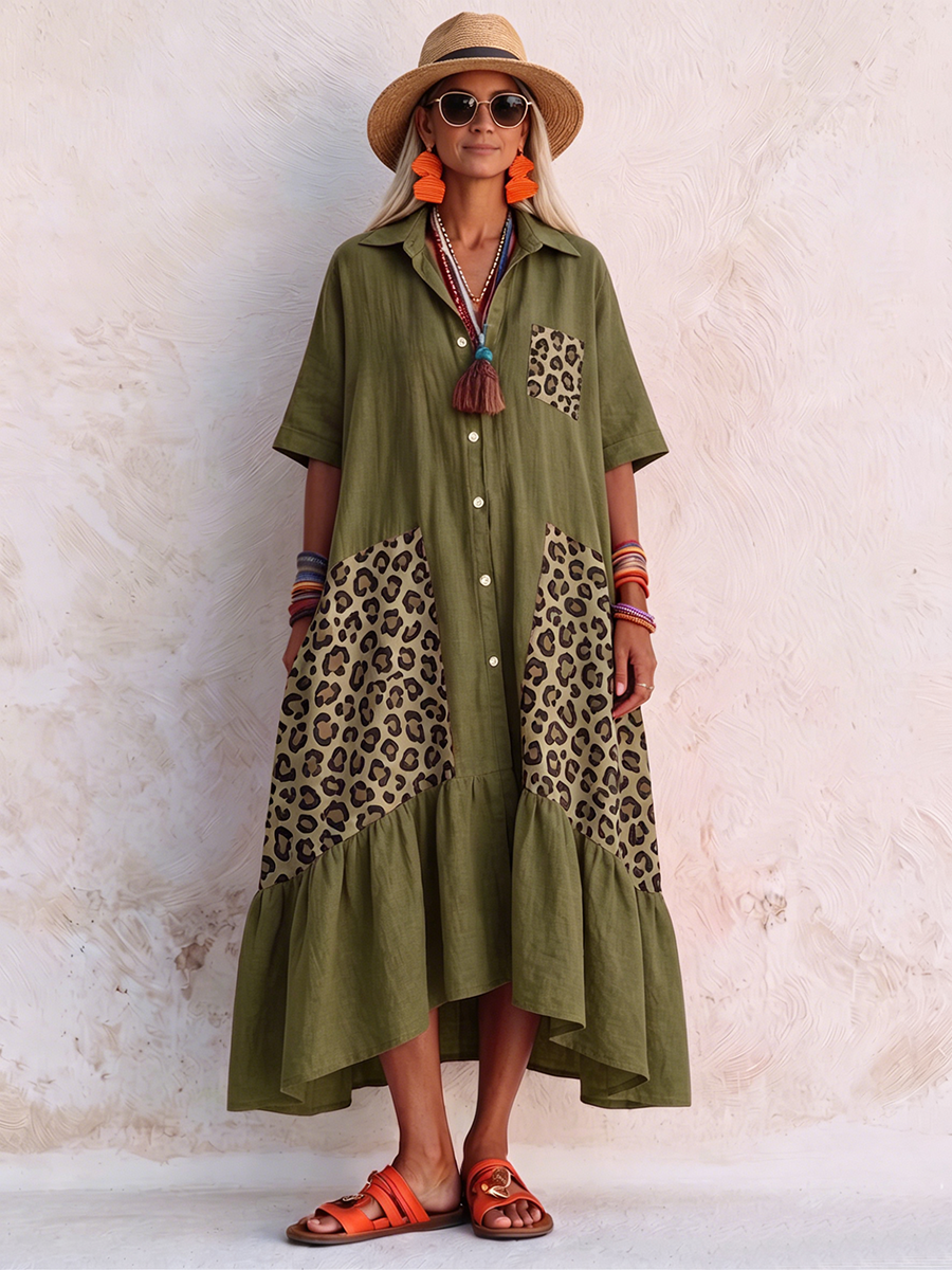 Casual Boho Leopard Print Cotton-linen Dress
