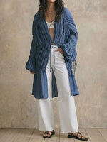 Women Crinkled Textured Open Front Long Cardigan, Drawstring Ruched Balloon Sleeve Ruffle Hem Casual Duster Coat