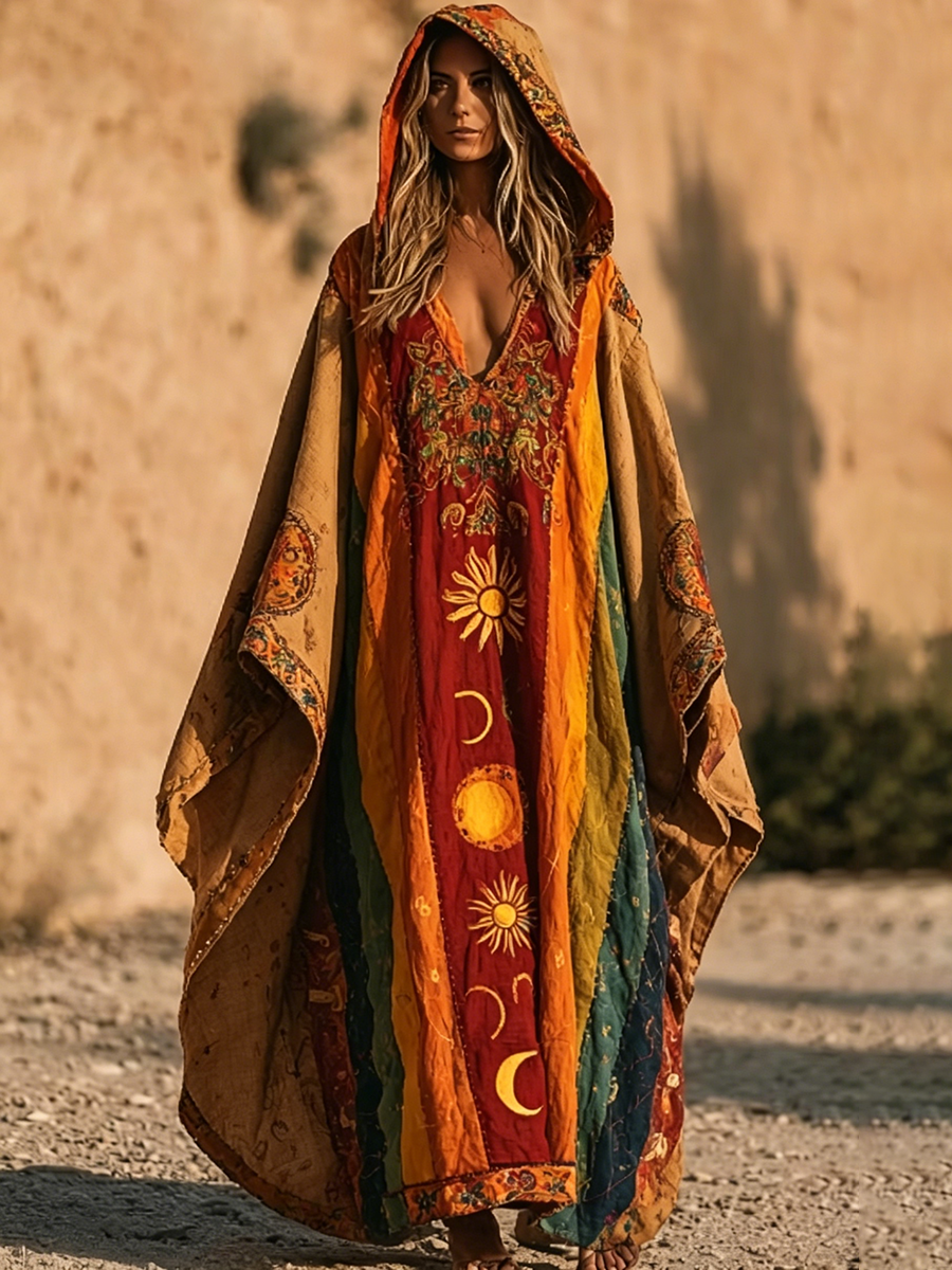Boho Star & Moon Print Cotton-linen Hooded Dress