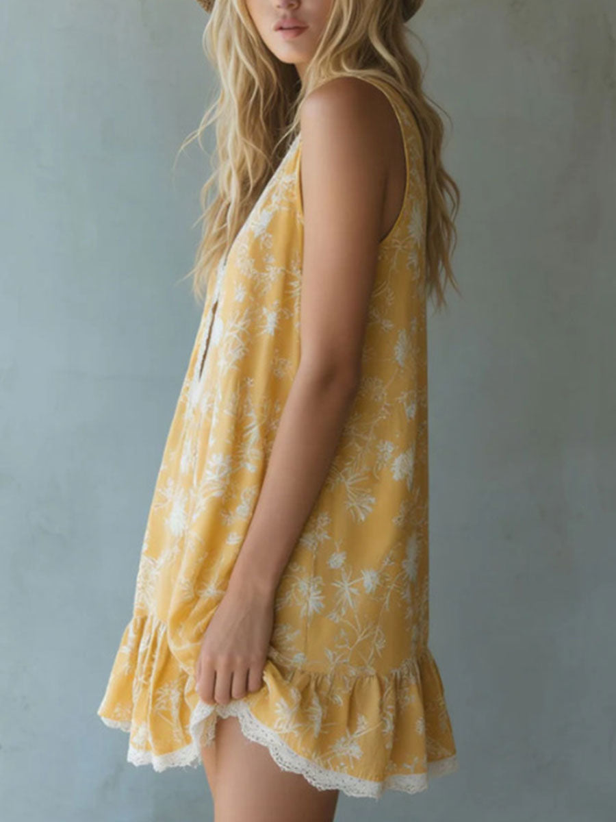 Women's Yellow Printed Silk-blend Sleeveless Mini Dress With Lace Trim And V-neck