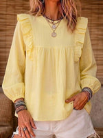 Women's Cotton And Linen Top With Ruffle Trim
