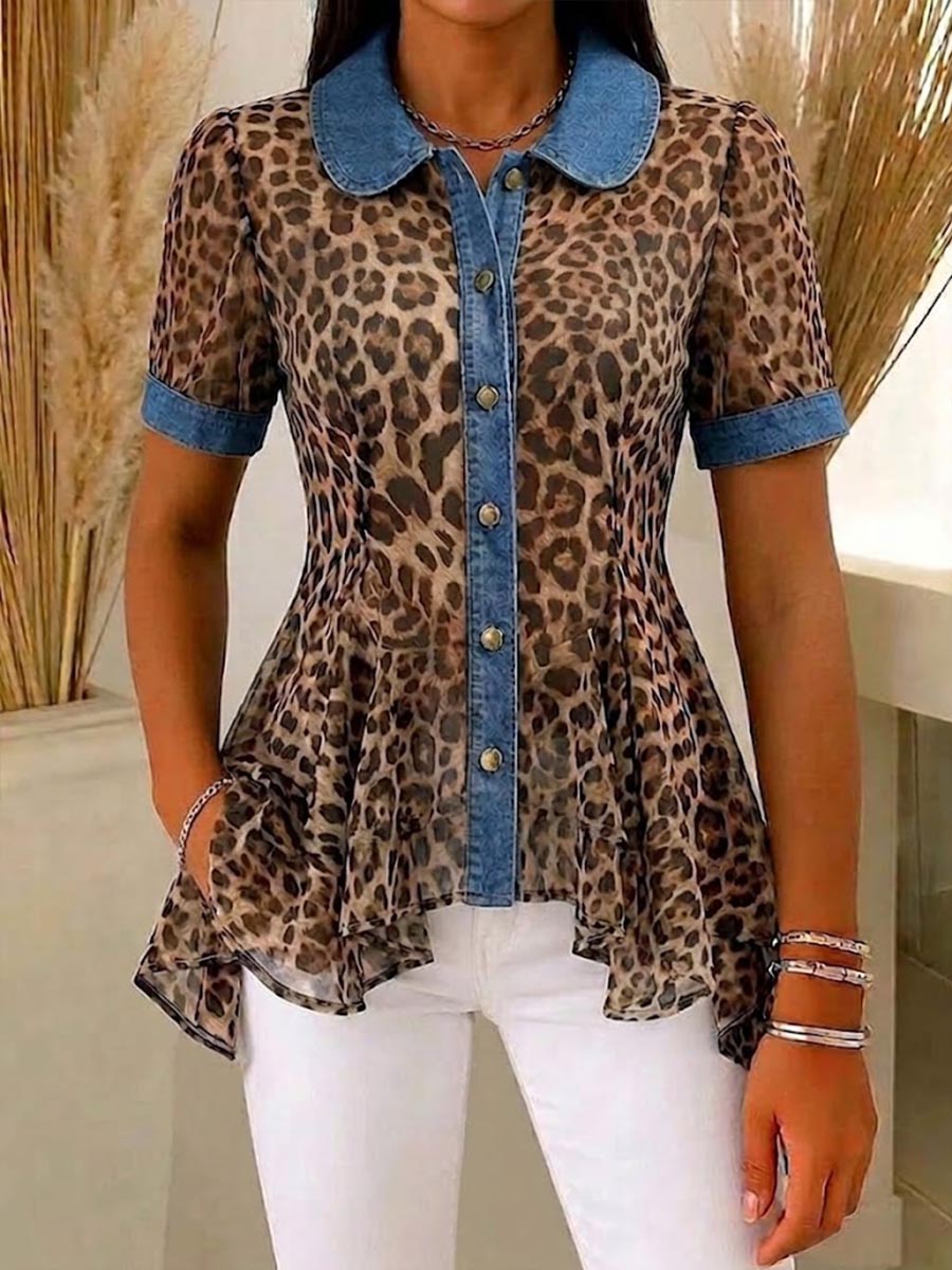 Women's Leopard Print Peter Pan Collar Short-sleeve Casual Loose Denim Cardigan With Chiffon Panels