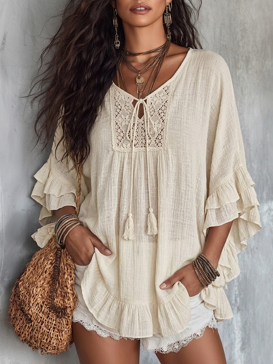 Women's Ruffle-trimmed Bohemian Top