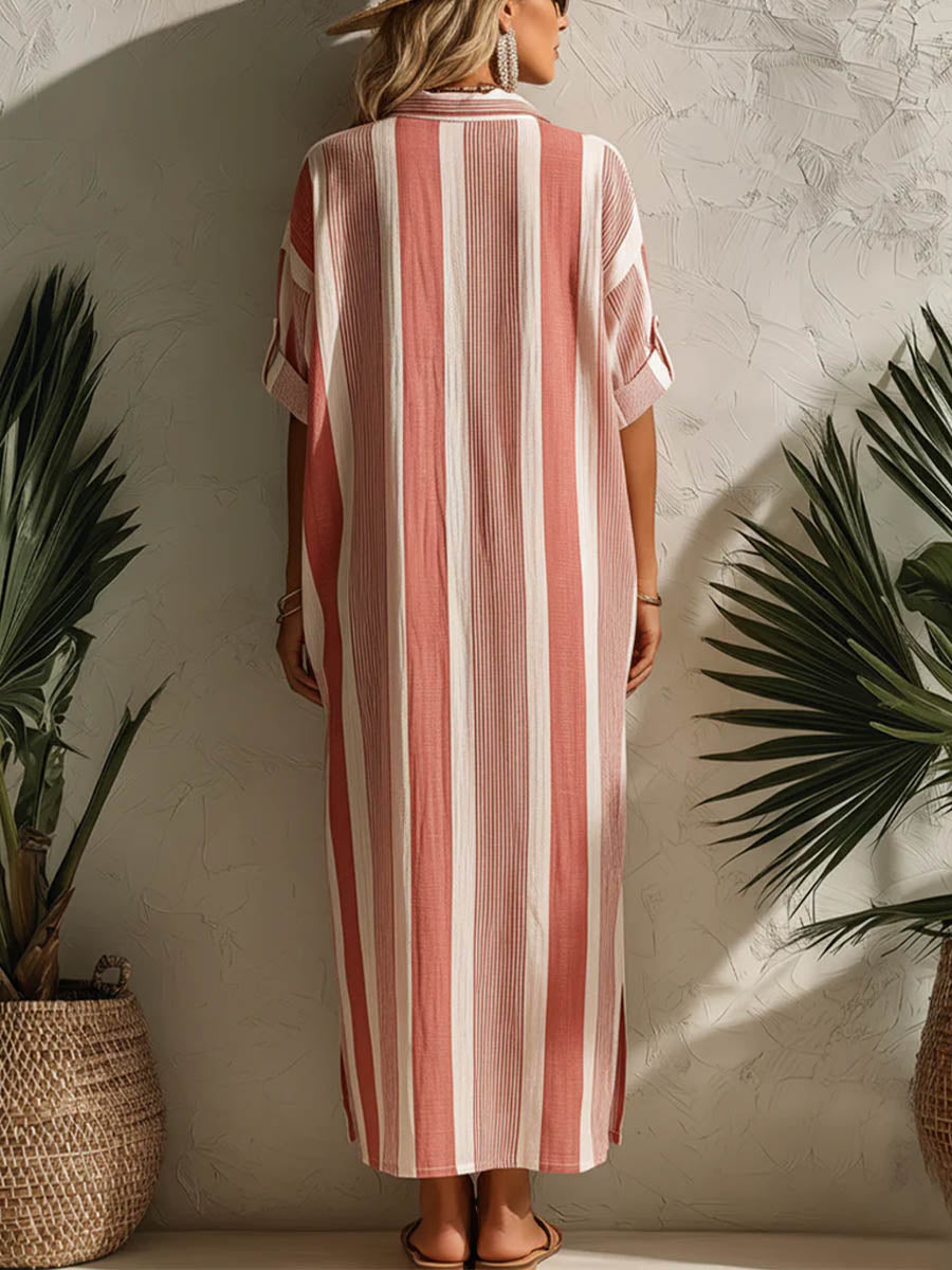 Women's Striped Print Lapel 3/4-sleeve Casual Loose Cotton-linen Dress