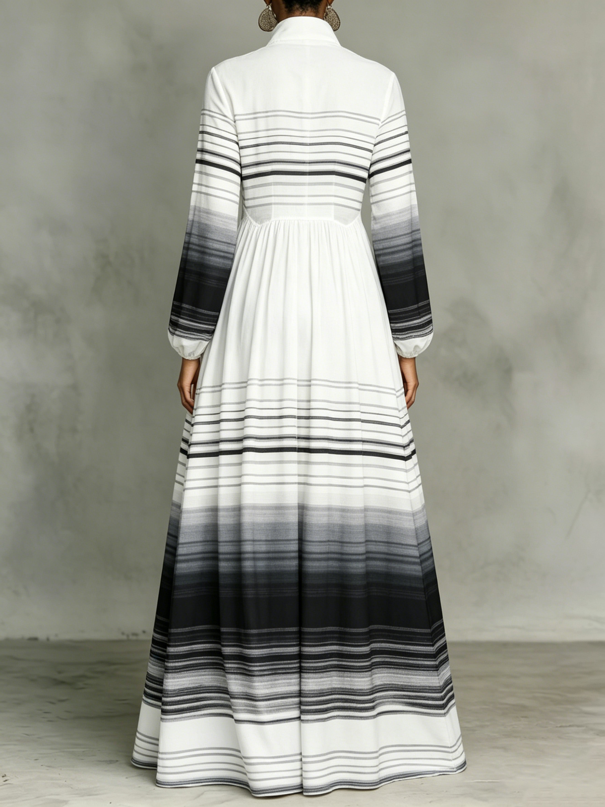 Classic Abstract Gradient-line Dress — Featuring A Turn-down Collar, Cinched Waist, And Flared Skirt
