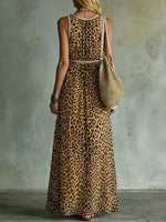 Women's Elegant Leopard Print V-neck Sleeveless A-line Dress