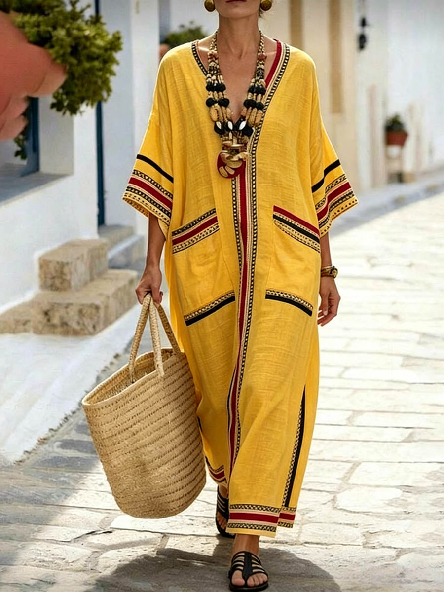 Women's Casual Loose Cotton-linen Dress With Placement Print V-neck And 3/4 Sleeves