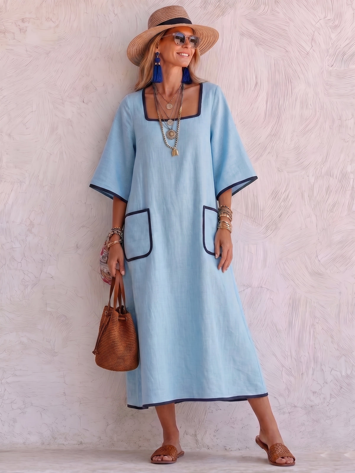Minimalist Elegant Cotton-linen Dress With Color-contrast Trim