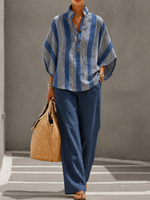 Casual Striped Linen-cotton Top And Solid-color Trousers Two-piece Set