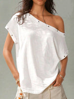 Women's Solid Color Asymmetric Neck Short-sleeve Casual Loose Cotton Top
