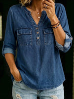 Women's V-neck Long-sleeve Loose-fit Casual Denim Top