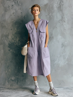 Casual Sleeveless Cotton Dress With Cargo Pockets