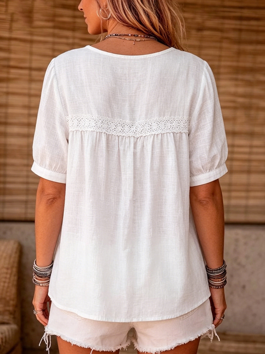 Women's Simple V-neck Cotton And Linen Top