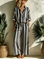Striped Roll-up Sleeve Collared Shirt + Drawstring Wide-leg Pants Two-piece Set