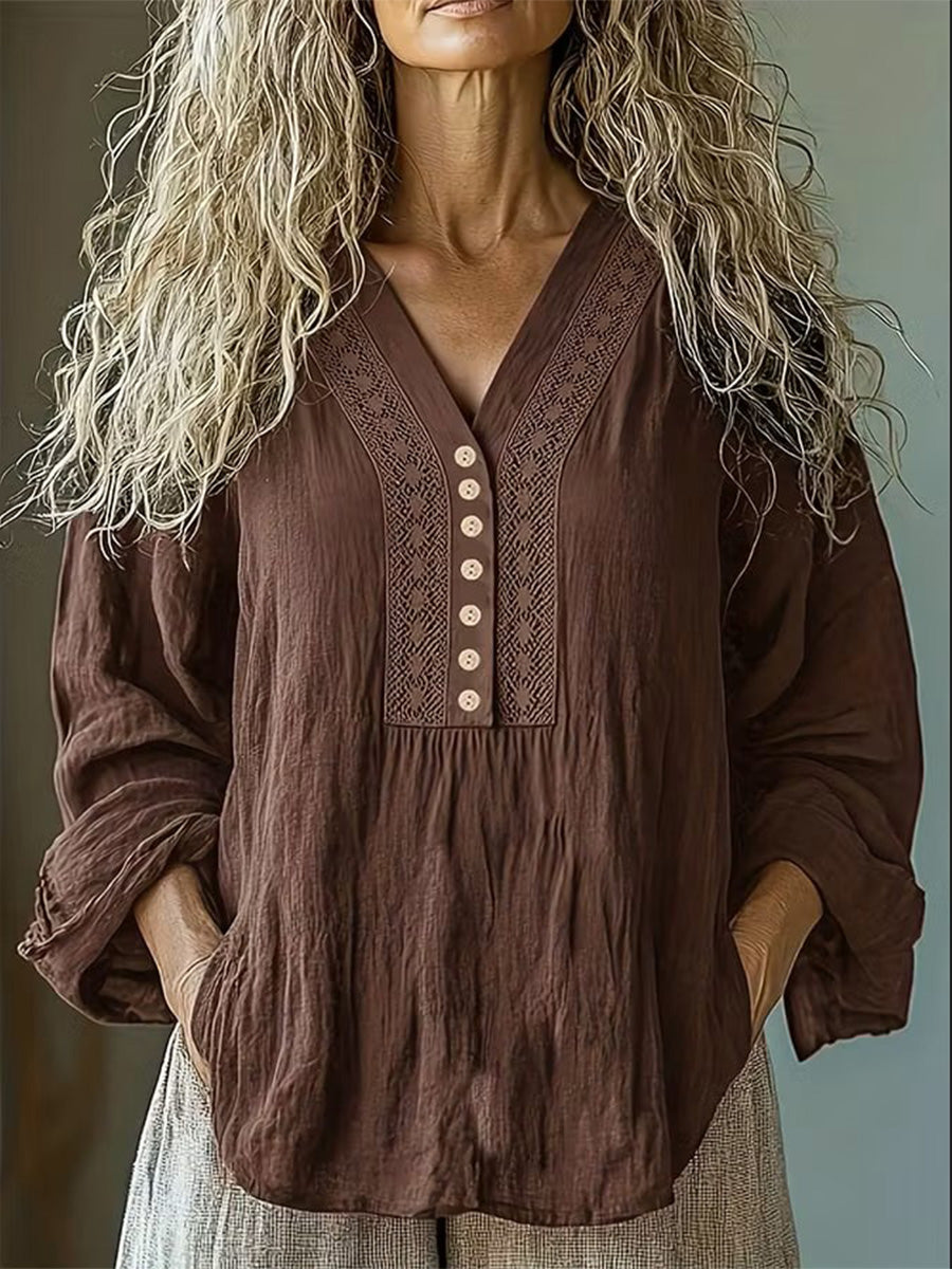 Openwork Appliqué V-neck Long-sleeve Cotton-linen Top With Roll-up Sleeves