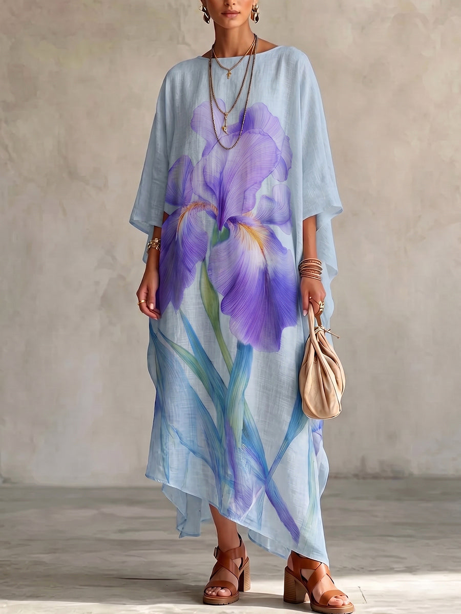 Artistic Iris-print Cotton-linen Blend Dress