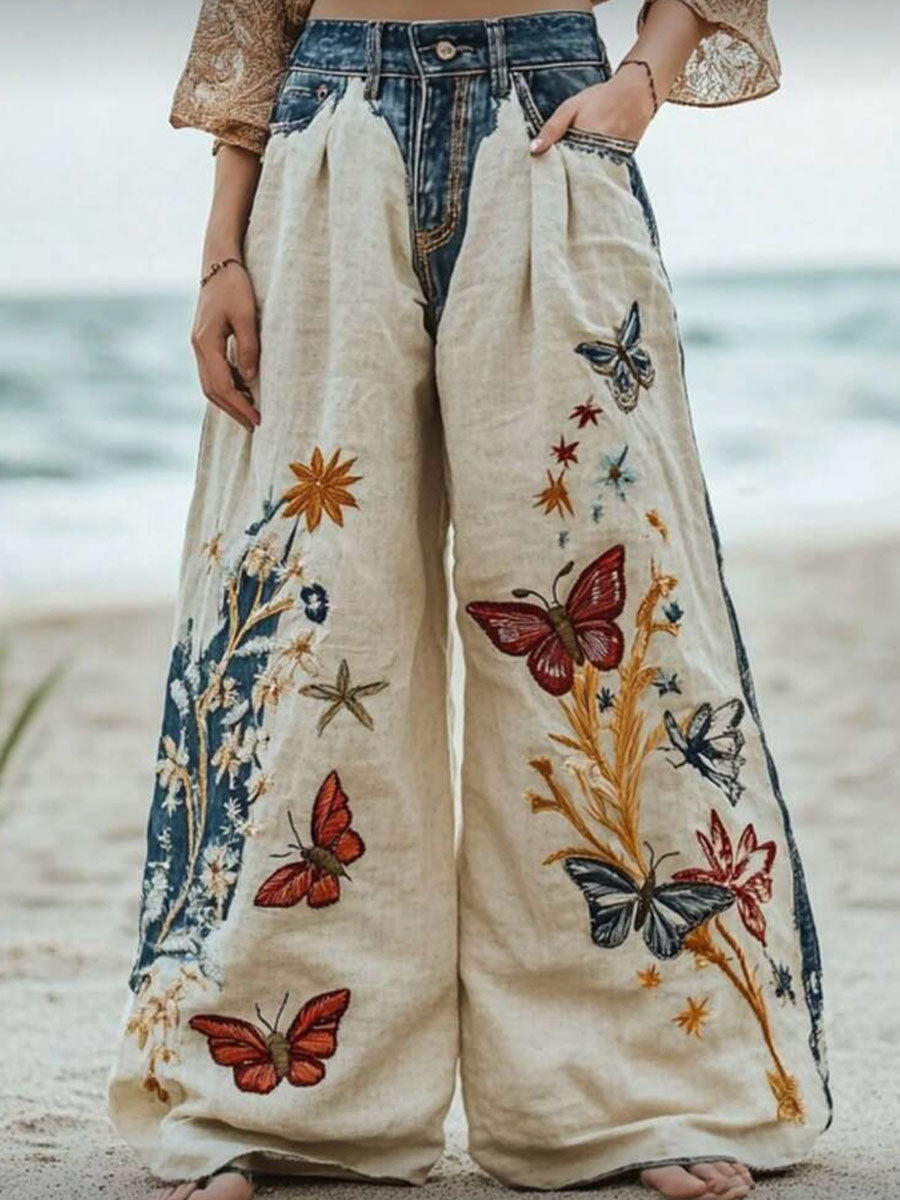 Women's High-waisted Loose-fit Wide-leg Trousers — Casual Cotton-linen Blend With Placement Print
