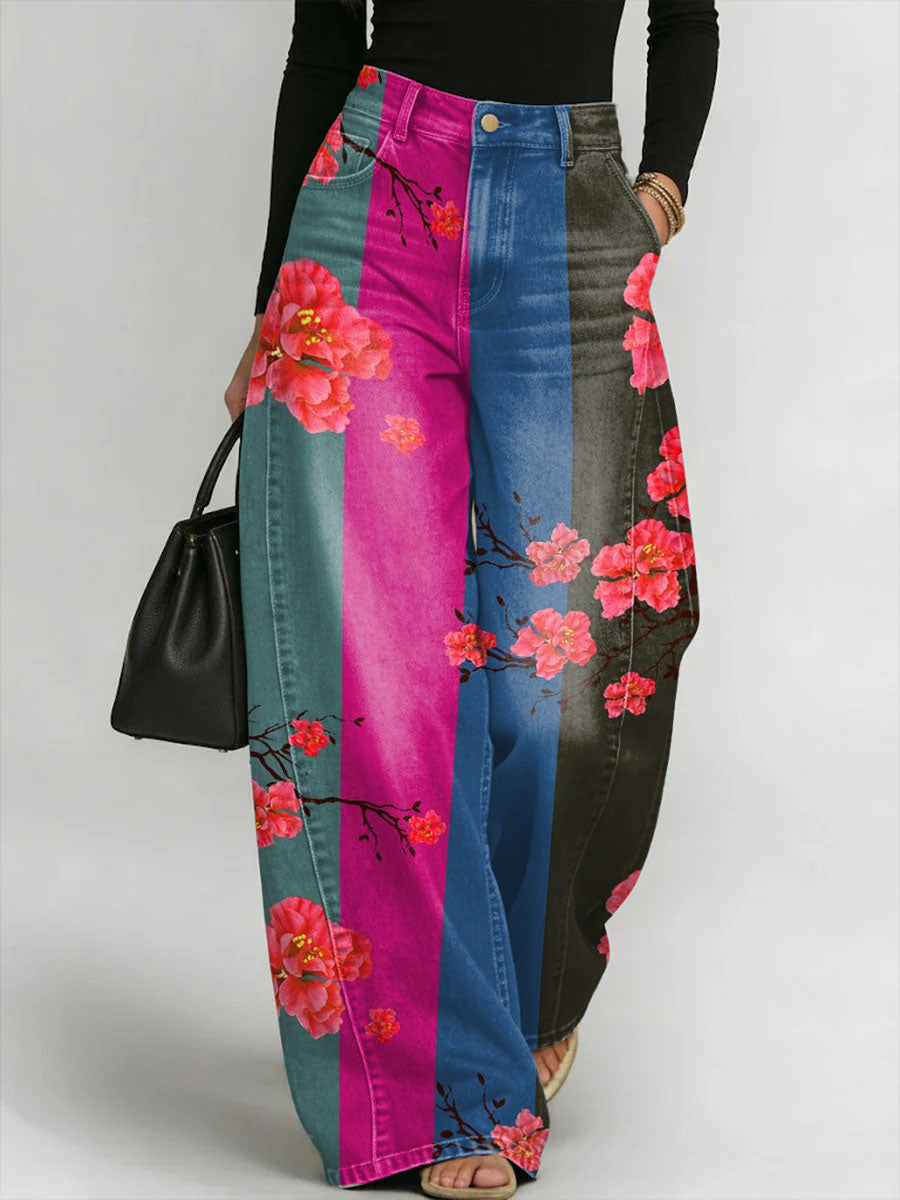 Women's Retro Geometric Florals Print Loose-fit Wide-leg Jeans