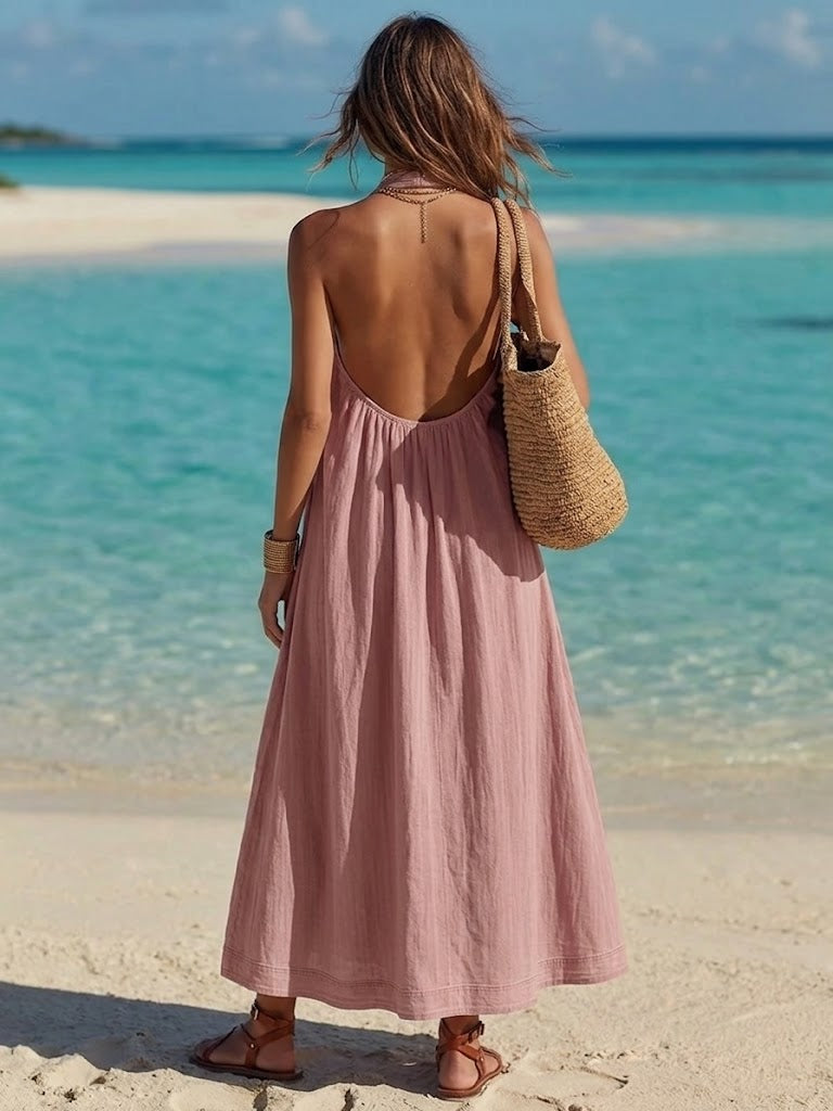 Women's Vacation Style V-neck Sleeveless Cotton Linen Dress