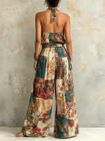 Retro Patchwork Floral Halter-neck Sleeveless Top + Elastic-waist Wide-leg Cotton-linen Pants Two-piece Set