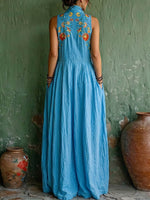 Women's Casual Loose Cotton-linen Dress — V-neck Sleeveless With Placement Print