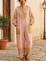 Women's Ethnic Pattern Art Casual Stylish Elegant Long Sleeve Cotton Linen Jumpsuit