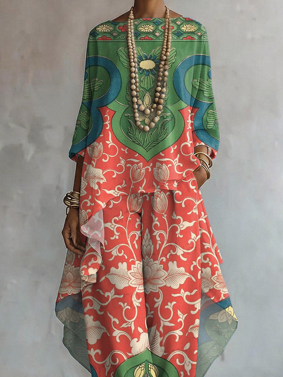 Women's Retro Floral Art Print Casual Stylish 3/4 Sleeve Cotton Linen Suits