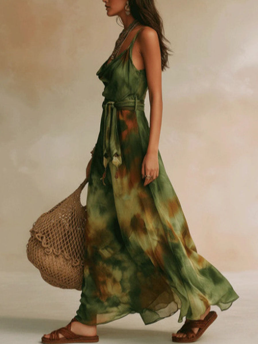 Women's Elegant Ombré Spaghetti-strap Draped Cowl Dress