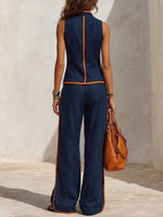 Women's Navy With Orange Trim Linen Sleeveless Set