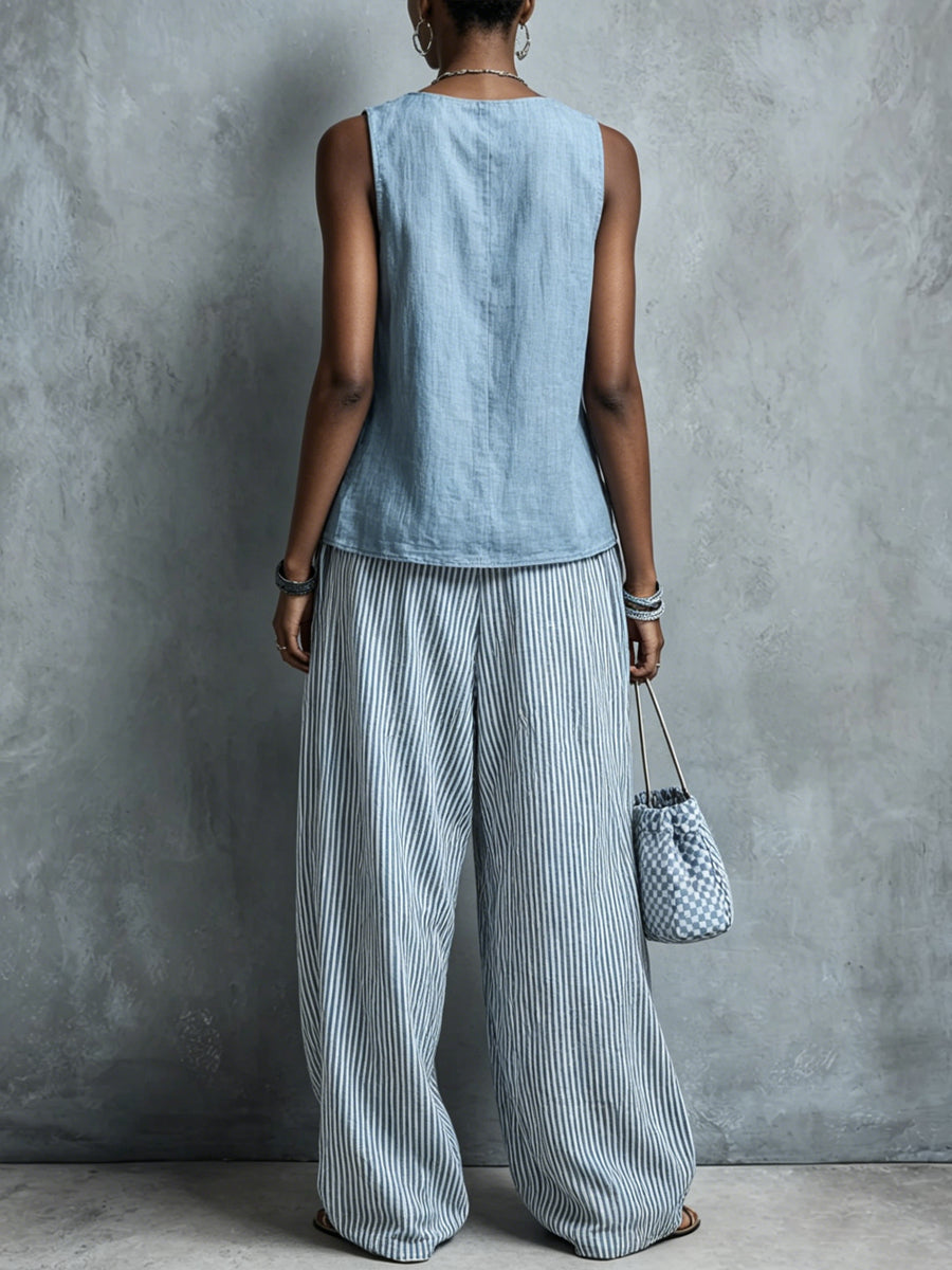 Women's Sleeveless Simple Striped Wide-Leg Pants Set