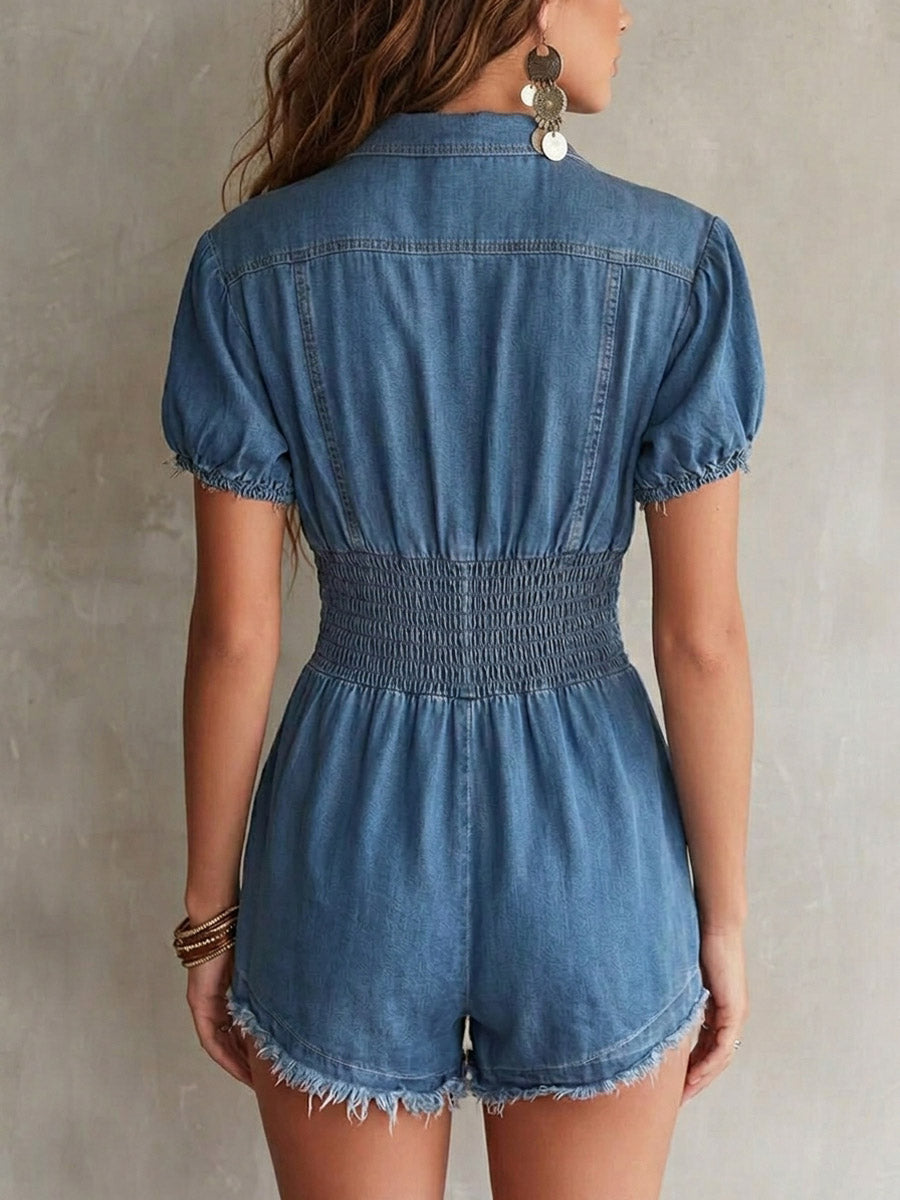 Women's Art Zip Casual Stylish Comfortable Short Sleeve Denim Jumpsuit