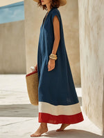 Women's Color-block Cotton-linen Dress — Casual Resort Style