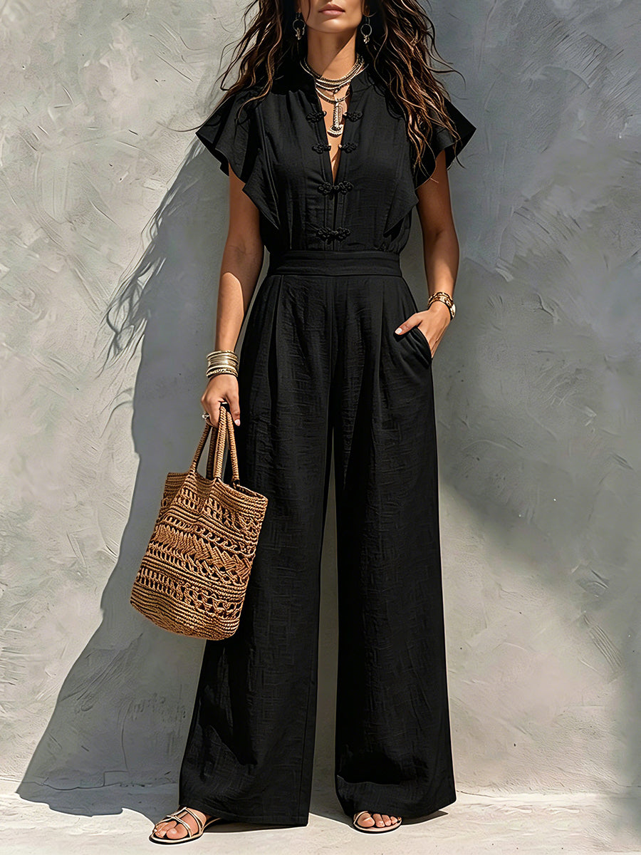 Vacation-Style Women's Linen-Blend Jumpsuit — Stand Collar, Chinese Knot Buttons, Flowy Short Sleeves, High Waist, and Wide-Leg Pants