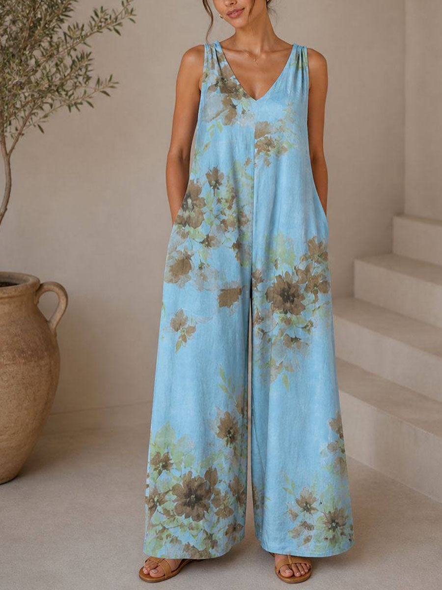 Women's Vintage Print V-neck Sleeveless Casual Loose Cotton-linen Wide-leg Jumpsuit