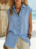 Women's Plaid Pattern Comfortable Sleeveless Art Casual Cotton Linen Top