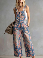 Women's Floral Print Sleeveless Casual Loose-fit Wide-leg Denim Jumpsuit With Straps