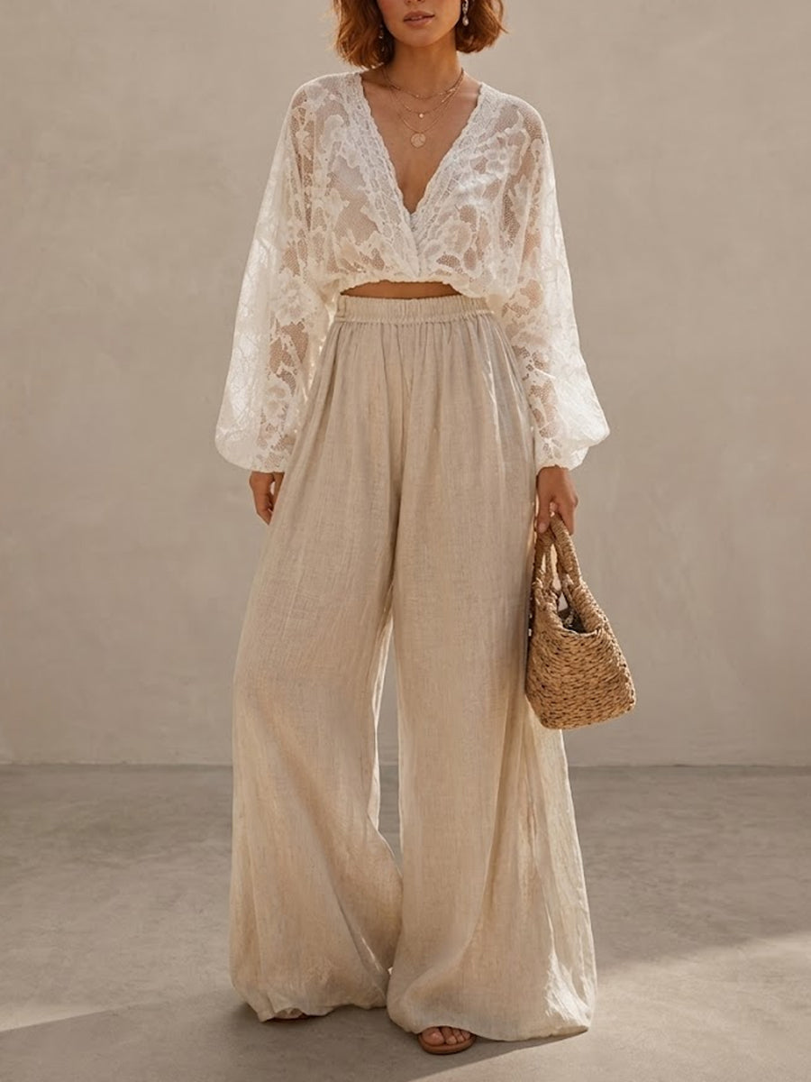 Women's Lace Top With Cotton And Linen Wide-leg Pants Set